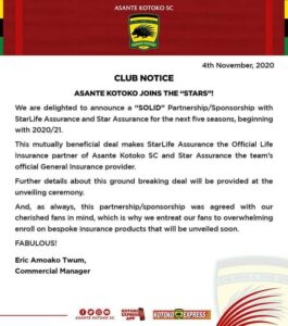 OFFICIAL: Asante Kotoko Announce 'SOLID' Partnership/Sponsorship Deal With StarLife Assurance & Star Assurance 1 FB IMG 1604489707739