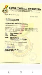 Ghana FA extends an invite to Division One League clubs to a meeting to discuss the new football pyramid and how it will be financed 1 FB IMG 1639425057805