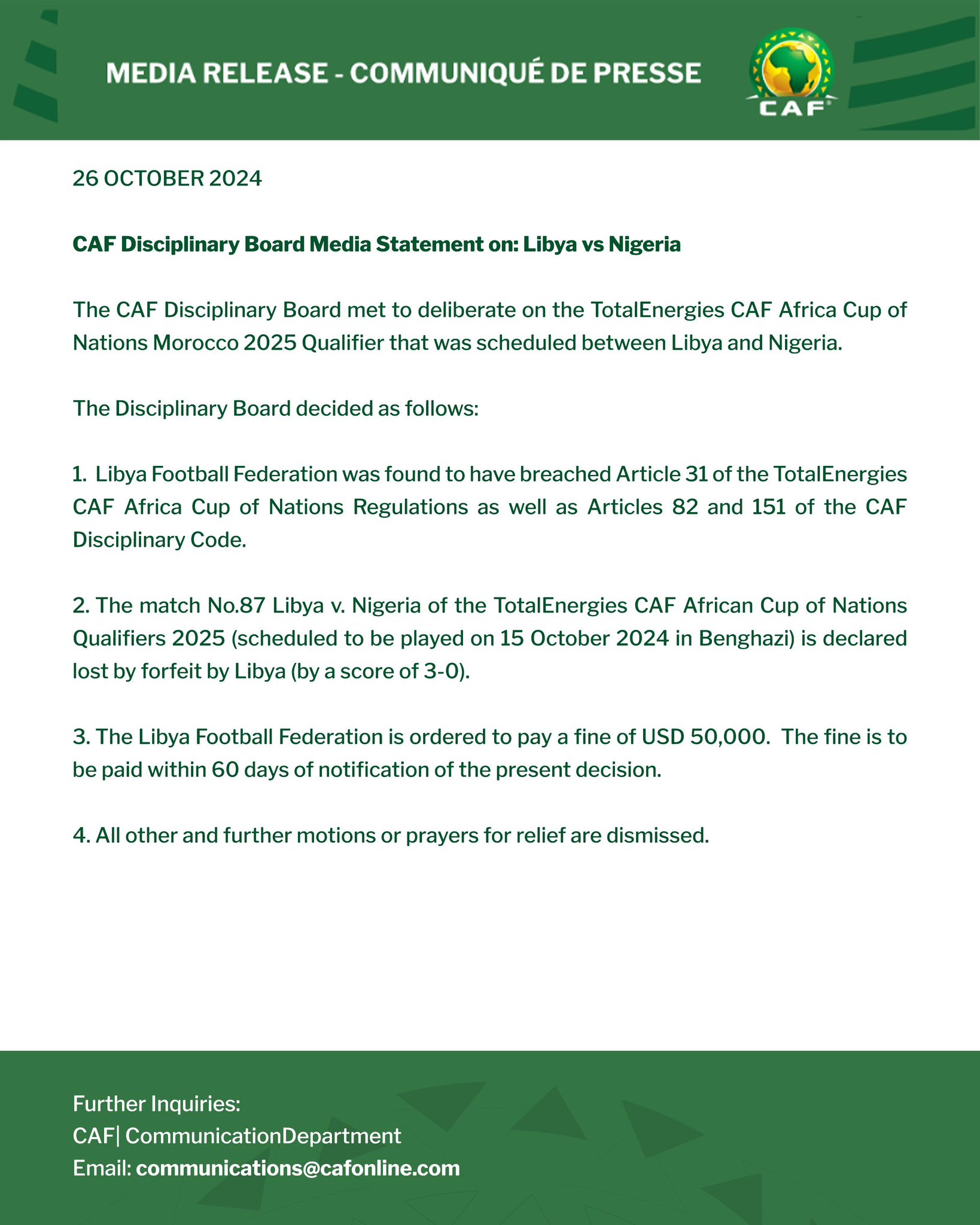 CAF Disciplinary Board Media Statement on: Libya vs Nigeria 1 20241026 133656