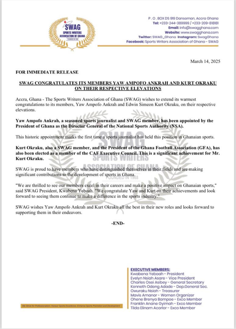 SWAG congratulates Yaw Ampofo Ankrah on NSA appointment 1 IMG 20250316 WA0020